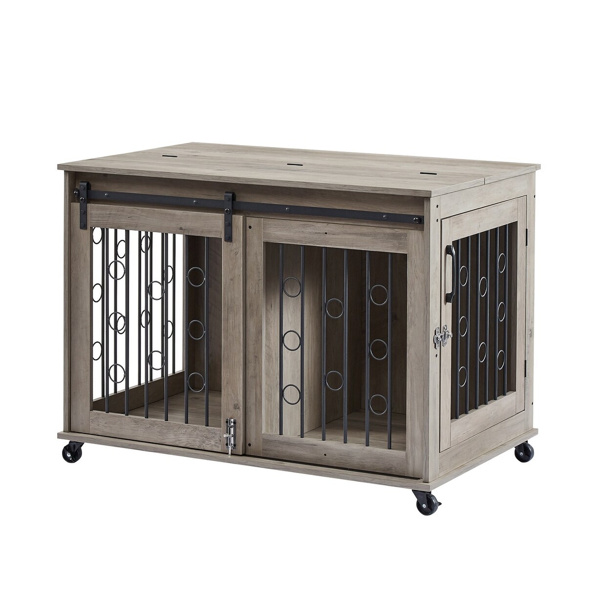 Dog Cage End Table with Sliding Door and Partition for Two Puppies Grey