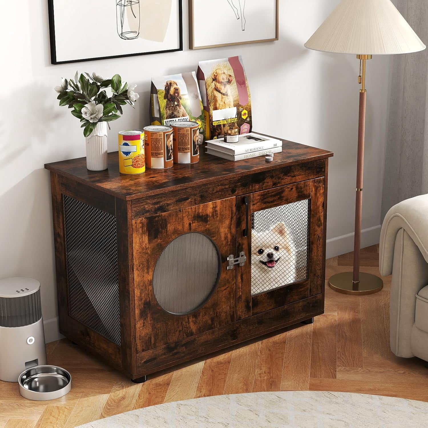 Translucent Crate Dog Cage Furniture, Chew-Proof Wooden Dog Crate with Metal Mesh Side ...