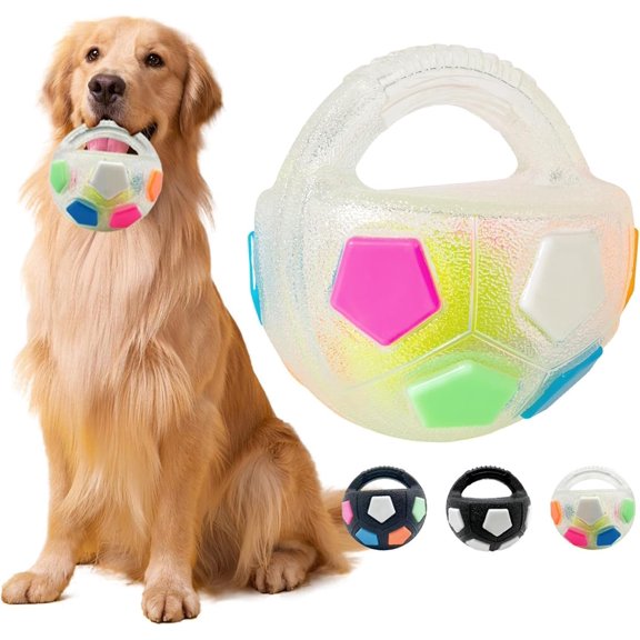 Dog Calming Ball with Handle – Squeaky Floating Dog Toy for Interactive Toss and Fetch Play, Treat Dispensing Rubber Football-Shaped Chew Toy for Medium to Large Breeds