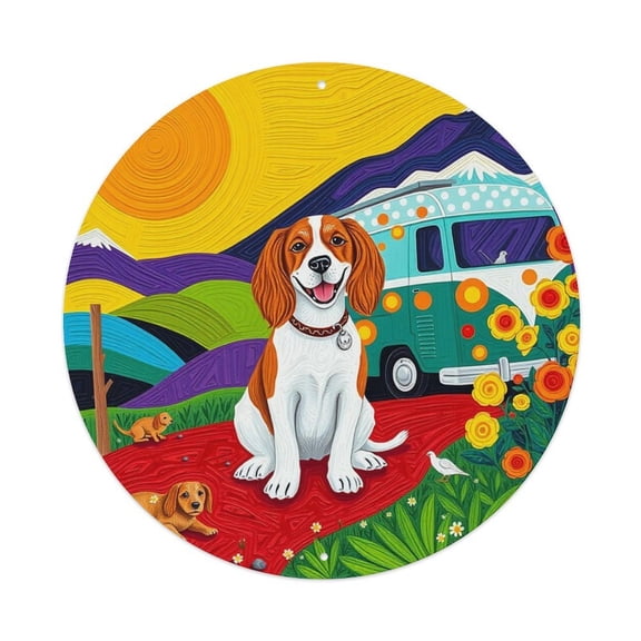 Dog Camper Van Mountain Art7.9x7.9in Round Aluminum Plaque Wall Art, UV Printed Vintage Metal Sign with Pre-Drilled Holes for Home Bar Garage Cafe Decor