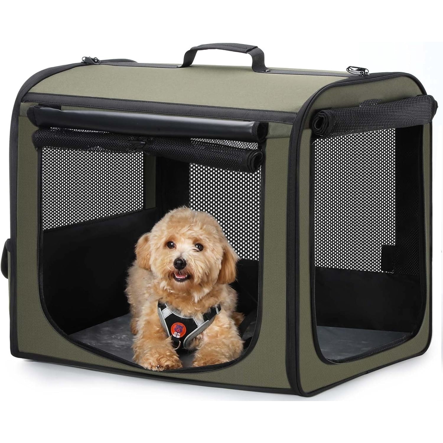 Dog Car Carrier Light Weight, Dog Carrier for Car Easy to Assemble, Dog Car Crate Portable and Breathable, Foldable Pet Carrier for Both Indoor and Outdoor Use, Dog Travel Crate with Curtain Green