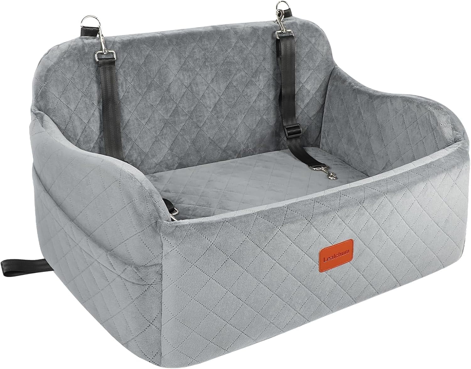 Lealchum Dog Car Seat,  Car Dog Bed, Pet Car Seat with 2 Storage Pockets, Easy to Install (Grey)