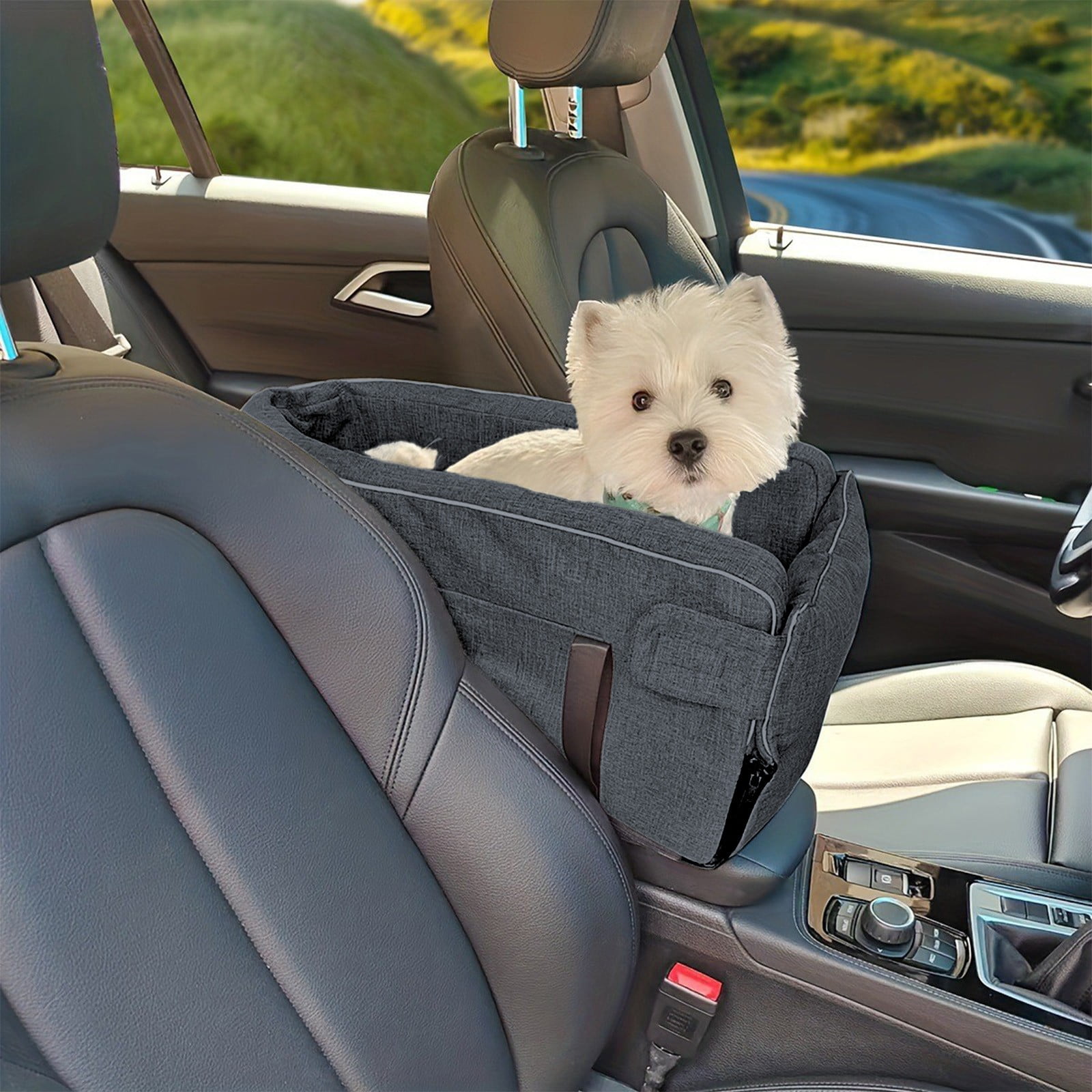 Dog Car Seat, Console Dog Car Seat, Portable Dogs Armrest Booster Seat for Small Dog, Anti-Collapse Pet Car Seat with Soft Cushion Safety Belt, Dog Car Seat for Small Dogs Middle