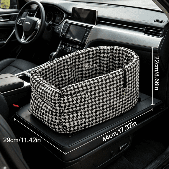 Dog Car Seat Console Pet Booster Seat Black Houndstooth Car Travel Bed for Small Dogs Under 13lbs Portable Dog Travel Carrier Bag Washable Dual Sided Mat