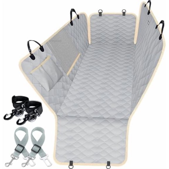 Dog Car Seat Covers for Back Seat with 2 Seat Belts, Waterproof Dog Car Hammock with Mesh Window Durable Scratch Proof Nonslip Pet Carseat Covers Universal Fit Protector for Cars, Trucks & SUVs