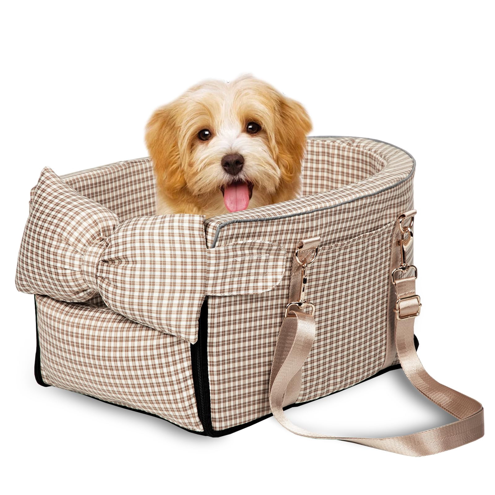Dog Car Seat For Small Dogs Center Console Puppy Anti-collapse Pet With Soft Cushion Safety Belt  Portable Armrest & Cat Under 15 Lbs (grid-brown)