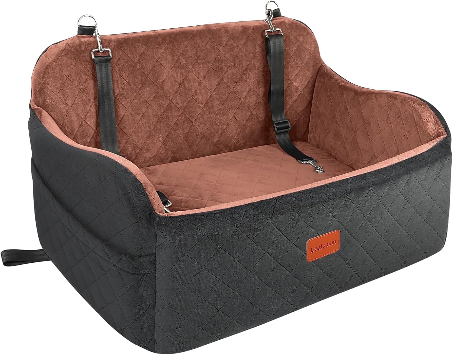 Lealchum Large Dog Car Seat, Soft Fabric Car Dog Bed, Comfy Medium Pet Car Seat (Black/Brown)