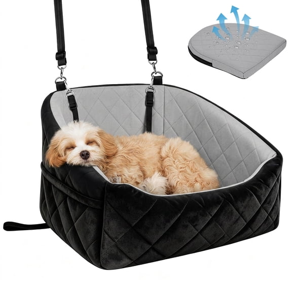Dog Car Seat for Small Dogs Up to 30 Lbs,Pet Car Seat Travel Bed with Storage Pockets for Puppy Cat,Fits in Front/Back Seat, Anti Slip Base, Fully Detachable Washable with 2 Safety Tether(Gray-Black)