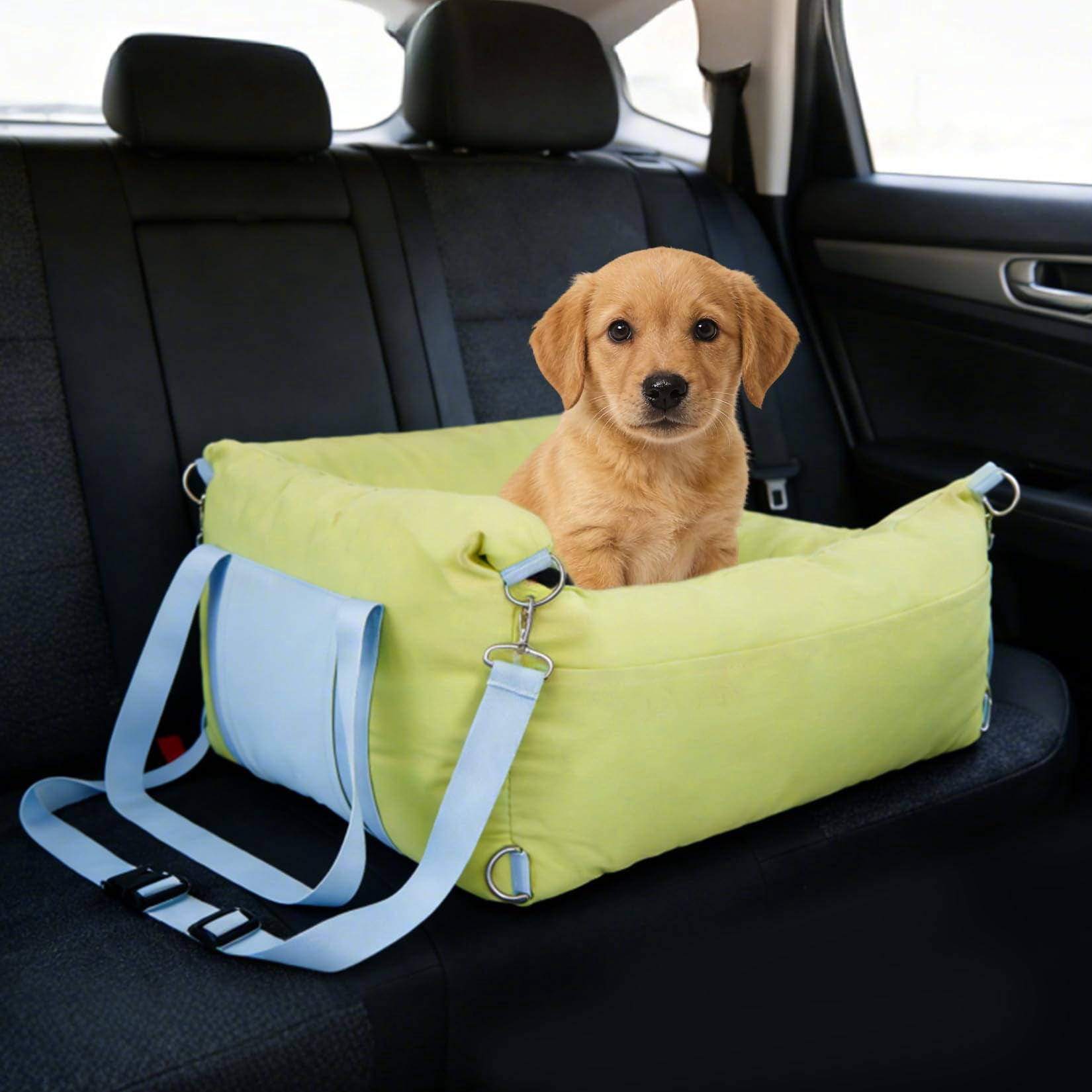 Dog Car Seat for Small Dogs, Waterproof Booster Seat with Safety Leash, Portable Pet Travel Bed with Storage Pockets, Non-Slip Bottom for Front & Back Seat (Green, 23.6 x 19.7 x 13 in)