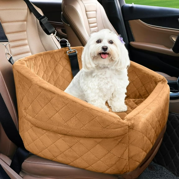 Dog Car Seat for Small Medium Dogs,Detachable Washable Dog Booster Seat Under 30lbs,Pet Car Seat Travel Bed with Storage Pockets and Dog Safety Belt(Brown