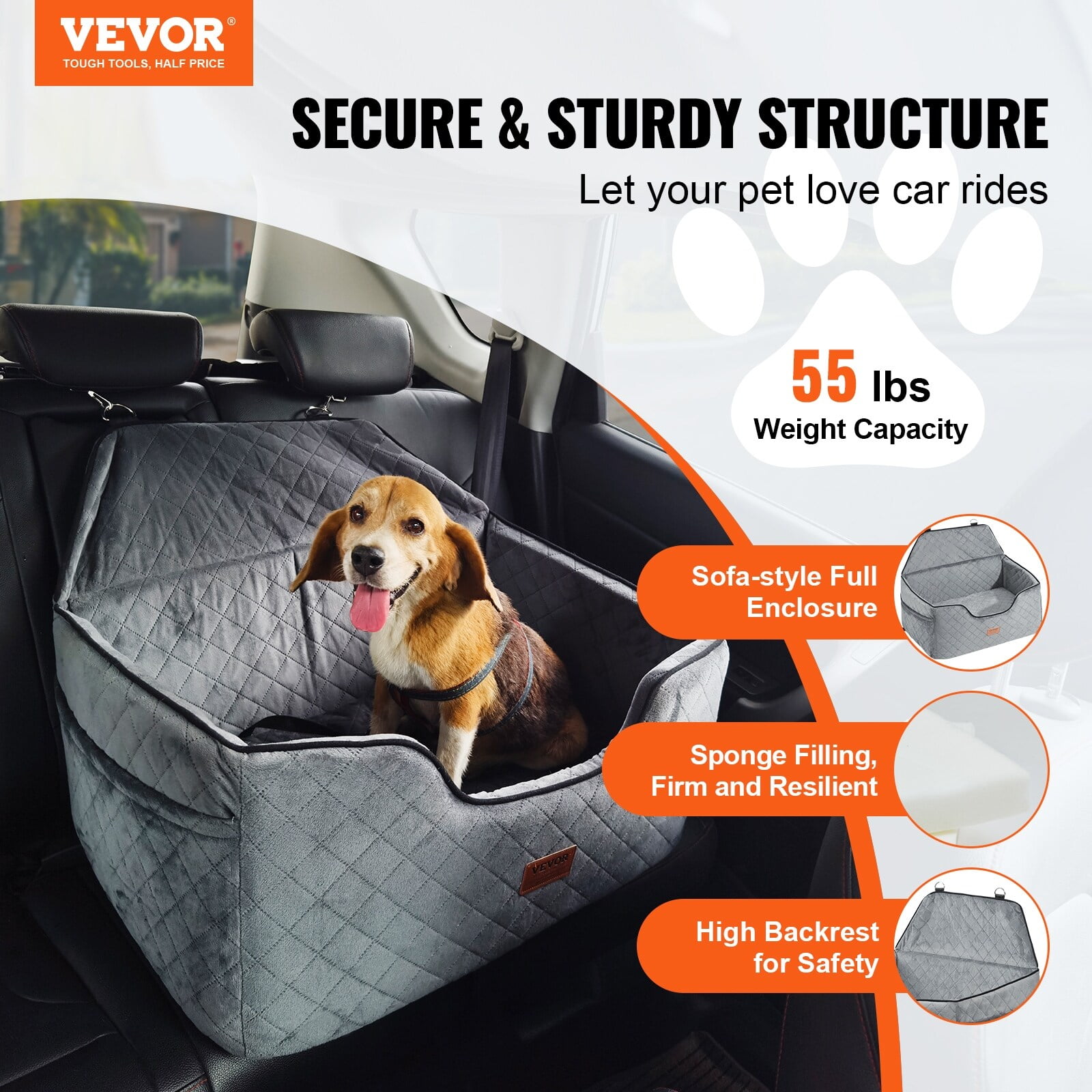 Gray Quilted Soft-Sided Medium Dog Car Seat with Storage Pocket
