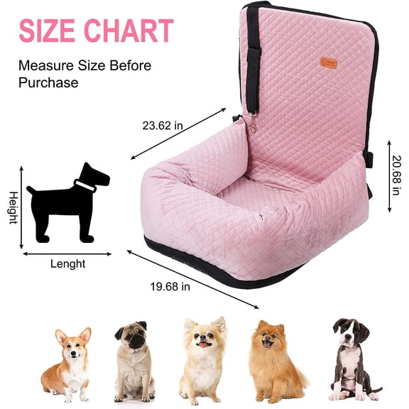 Dog Car Seat for Small Medium Dogs Up to 40lbs, Detachable Washable Soft Pet Booster Travel Bed for Front & Pink Seat with Safety Leash Belt