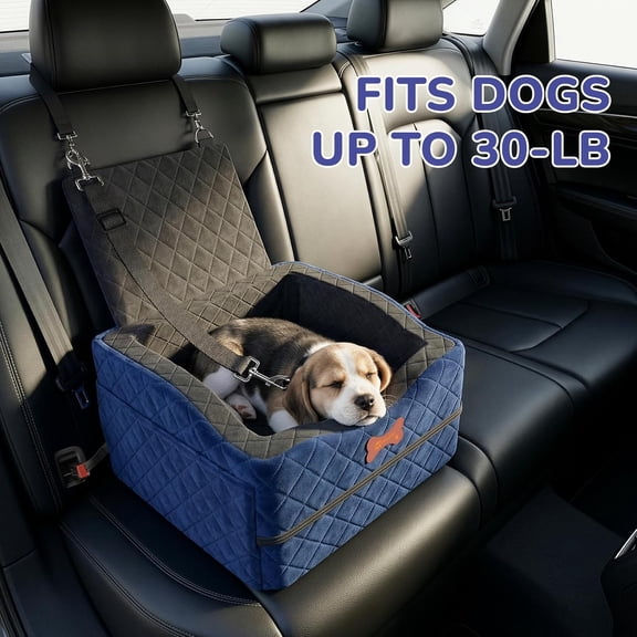Dog Car  for Small Medium Dogs, 6 Elevated Booster with ISOFIX, Washable  Velvet Cover & Memory Foam, Portable Travel Bed for Front Rear Trunk (Navy Blue)