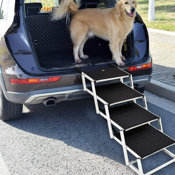 Dog Car Stairs, Folding Dog Ramp for Large Dogs, Aluminum Frame Pet Stairs, 4 Steps - Black