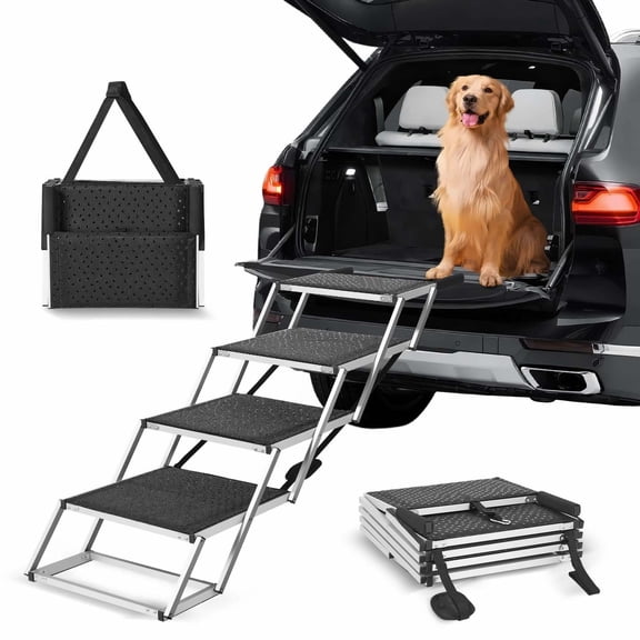 Dog Car Steps 4 Step, Portable Pet Stairs for Cars SUV Truck, Wide Non-Slip Dog Ramp, Lightweight Aluminum Pet Steps up to 250lbs