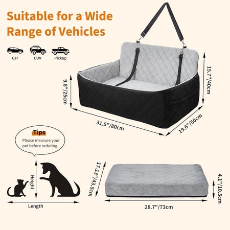 Dog Car for Large Dogs to 55 lbs with Memory Foam Booster, Non-Slip Washable Pet Bed with Safety Leashes & Storage Pockets for SUV Sedan