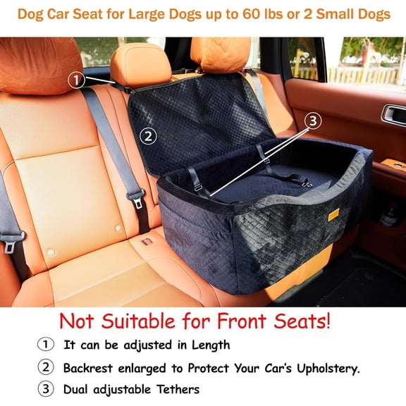 Dog Car for Large Dogs to 60 lbs with Memory Foam, Medium Pet Booster with Triple Safety Belts and Adjustable Leashes