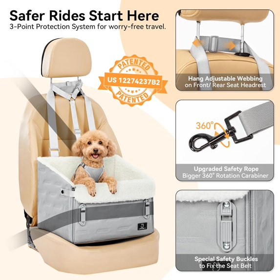 Dog Car for Small Dogs – Patented Safety Buckle Booster with Leash, Travel to 35 lbs,
