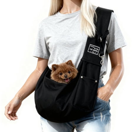 Dog Carrier Sling for Small Dogs and Cats(0 to 15 lbs), Puppy Sling Carrier with Adjustable Strap, Travel Safety Harness, Hands-Free Pet Carring Holder Travel Bag for Outdoor, Black