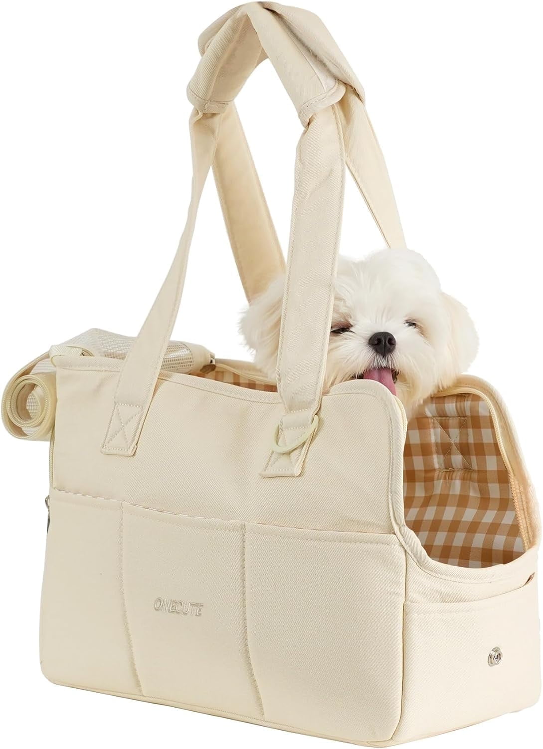 Dog Carrier for Small Dogs Rabbit cat with Large Pockets, Cotton Bag, Dog Carrier Soft Sided, Collapsible Travel Puppy Carrier (Beige, 13.5" L x 6.5" W x 10" H)