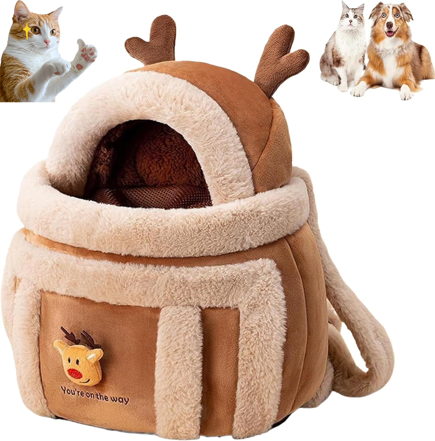 Dog Carrying Bag Pet Plush Elk Shape Backpack, Winter Puppy Outgoing Carrier, Soft Travel Bag, Pet Travel Backpack for Hiking Camping Outdoor Indoor Winter Trips Small Medium Dogs (Medium)