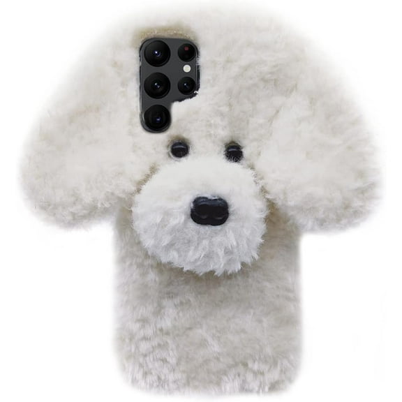 Dog Case Compatible with Galaxy S22 Ultra 3D Cute Plush Fluffy Dog Case Fashion Luxury Fur Hair Fuzzy Wool Face Soft Back Cover Shockproof Protective for Women and Girls White