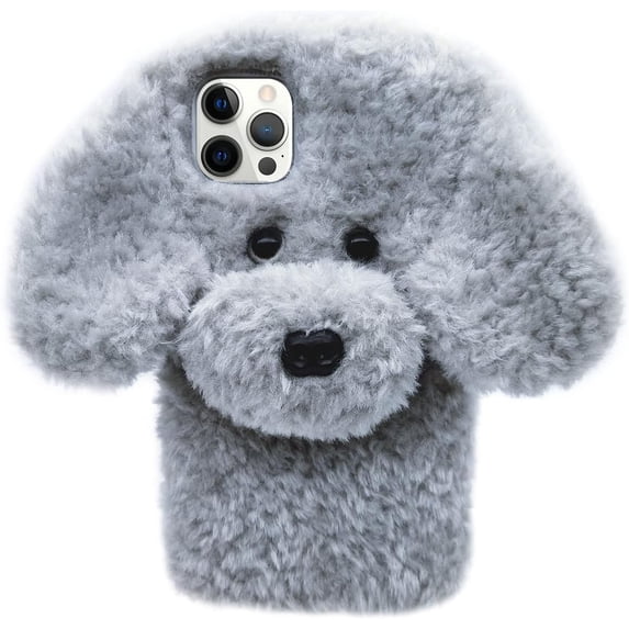 Dog Case Compatible with iPhone 14 Pro Max Cute 3D Plush Fluffy Dog Case Cartoon Case Fashion Luxury Fur Hair Fuzzy Wool Face Soft Back Cover Shockproof Protective for Women and Girls Girly