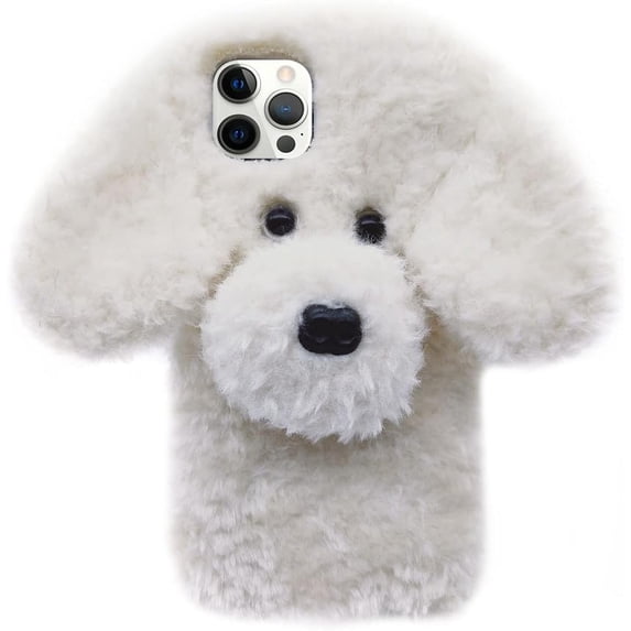 Dog Case Compatible with iPhone 14 Pro Max Cute 3D Plush Fluffy Dog Case Cartoon Case Fashion Luxury Fur Hair Fuzzy Wool Face Soft Back Cover Shockproof Protective for Women and Girls Girly