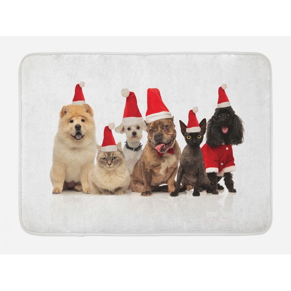 Dog and Cat Bath Mat, Team of 6 Pets Wearing Santa Hats Panting, Plush Bathroom Decor Mat with Non Slip Backing, 29.5" X 17.5", White Multicolor, by Ambesonne