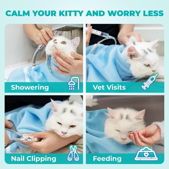 Dog Cat Bathing Bag - Anti Scratch and Bite Pet Grooming Restraint | Adjustable Mesh Groomer Bags for Bath Washing, Shower, Nail Clipping, Medication | Small to Medium Cats and Dogs (Blue)