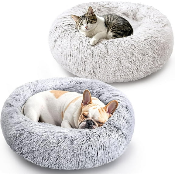 Dog & Cat Bed 2 Pack, 20'' Cat Beds for Indoor Cats, Calming Donut Bed for Puppy and Kitten, Washable Round Fluffy Pet Bed for Small Medium Dogs and Cats (Grey&White)