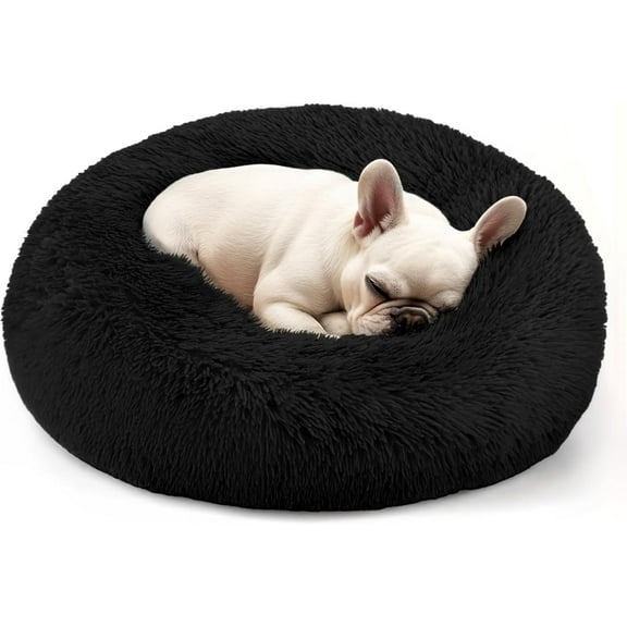 Dog & Cat Bed, 20in Cat Beds for Indoor Cats, Calming Donut Bed for Puppy and Kitten, Washable Round Fluffy Pet Bed for Small Medium Dogs and Cats (Black)