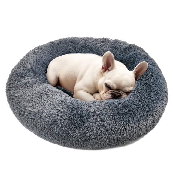 Dog & Cat Bed for Indoor Cats, 20in Calming Donut Bed for Puppy and Kitten, Washable Round Fluffy Pet Bed for Small Medium Dogs and Cats (Light Grey)