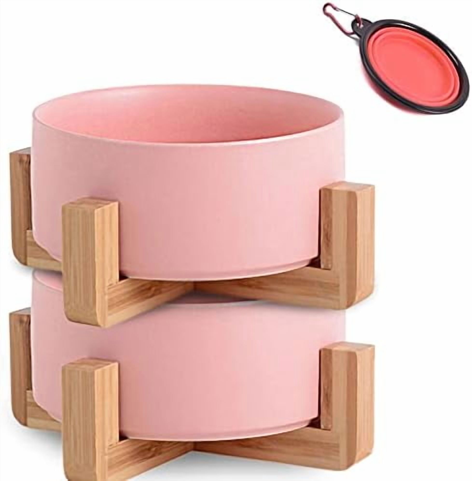 Dog Cat Bowl Ceramic Pink Pet Dish with Stand for Food and Water, Modern Cute Matte Glaze Weighted Pet Bowls Set for Cats & Small Size Dogs 13.5 OZ (5.1In / 1.7 Cups) Pink