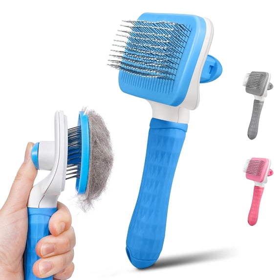 Dog & Cat Brush, Self Cleaning Slicker Brush for Pets, Upgraded Dog Brush for Shedding Massaging and Grooming, Removes Loose Undercoat & Portable Comb for Long Short Haired Dogs(Blue)