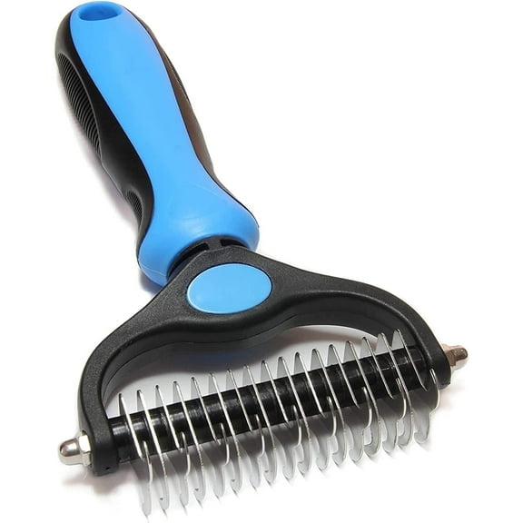 GoXteam Dog Cat Brush for Shedding - Dog Deshedding Brush for Long Haired Dogs and Cats, Double Sided Undercoat Rake for Dogs, Cat, Safe Dematting Comb for Dogs Cats (Blue)
