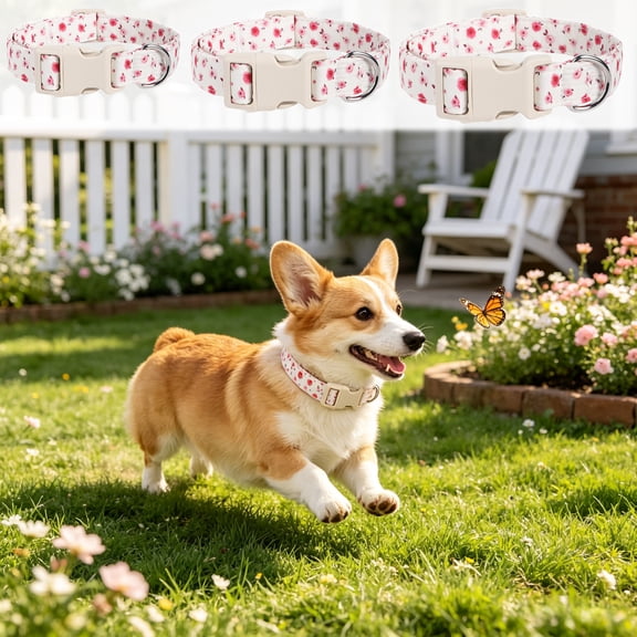 Dog And Cat Collar,Strawberry Floral Cute and Soft Nylon Puppy Collar,Adjustable with Quick-Release Buckle and Heart Charm,Adjustable for Extra Small, Small Dogs,Fashion Gift For Holiday Walks Photos
