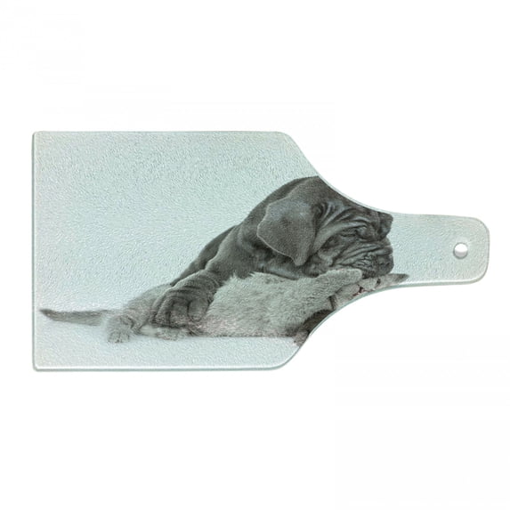 Dog and Cat Cutting Board, Mastiff Puppy Hugging a Cat Cozy Friendly Passionate Feelings, Decorative Tempered Glass Cutting and Serving Board, in 3 Sizes, by Ambesonne