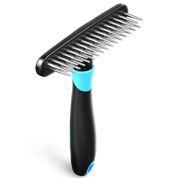 Dog & Cat Deshedding Brush, Double Row Stainless Steel Pins, Reduces Shedding 90%. Gentle for Rabbits/Horses. Vet Recommended. Blue