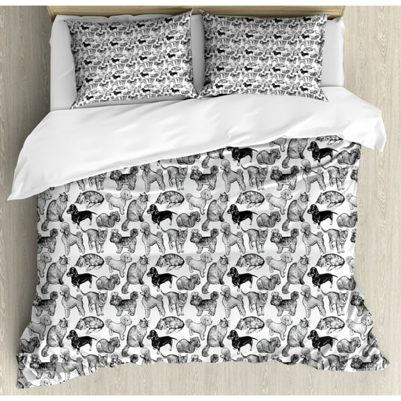 Dog and Cat Duvet Cover Set Queen Size, Monochrome Design of Various Animal Breeds on a Plain Background, Decorative 3 Piece Bedding Set with 2 Pillow Shams, Charcoal Grey and White, by Ambesonne