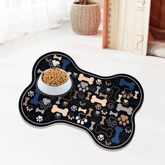 Dog & Cat Food Mat Bone Shaped Pet Feeding Mat Quick Absorb Water Bowl Placemat with Rubber Backing Indoor Floor Stain Resistant Pet Accessory Supplies (Black, 12x18 Inches)