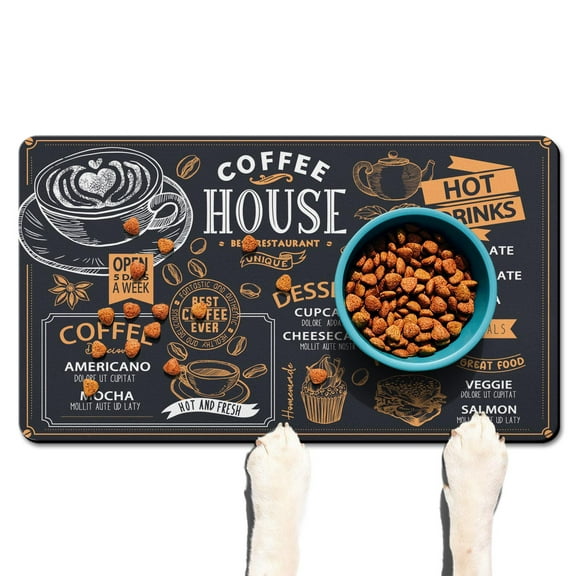 Dog Cat Food Mat, Dog Mat for Food and Water, Pet Dog Cat Bowl Mat, Anti-Slip Reusable Feeding Mat with Coffee Theme Pattern,17inx30in