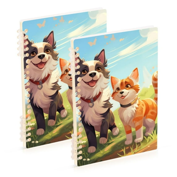 Dog Cat Grassland Sky Ring Binder Notebook Journey Note Diary College Ruled Spiral Notebook Study Loose Leaf Paper A5 60 Pages