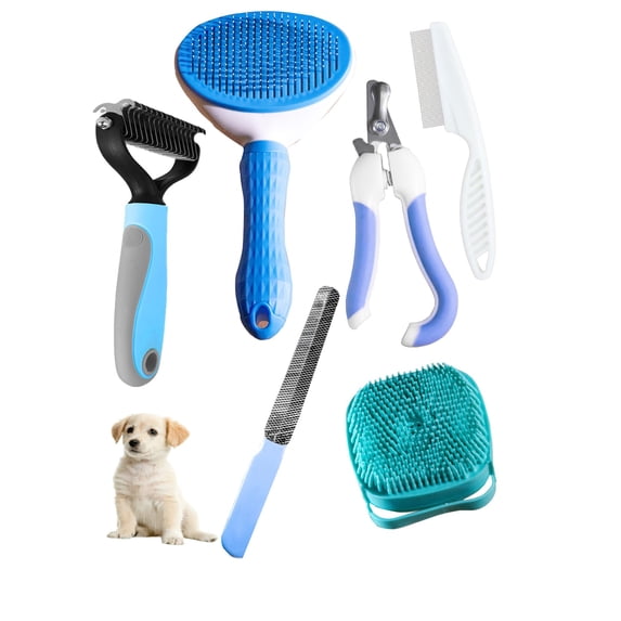 Dog Cat Grooming Kit, Pet Shedding Brush Dematting Rake Flea Comb Nail Clipper Set for Long Short Hair Puppy Kitten Home Use, Blue 6 Kits