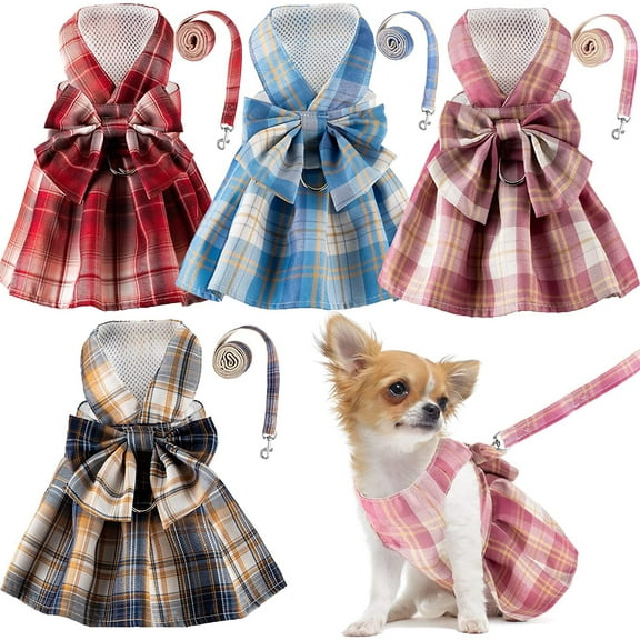 Dog Cat Harness with Leash Set, Doggy Dress Plaid Puppy Girl Skirt with Lead Rope, Cute No Pull Comfort Dog Harness Breathable Lightweight Vest Jacket for Rabbits Outdoor Training Walking