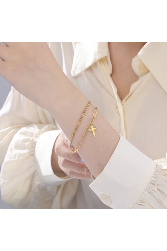 Dog Cat Paw Bracelet 14K Yellow Gold Layer Chain Bracelets for Women Christian Jesus Cross Charms Paperclip Jewelry Gift