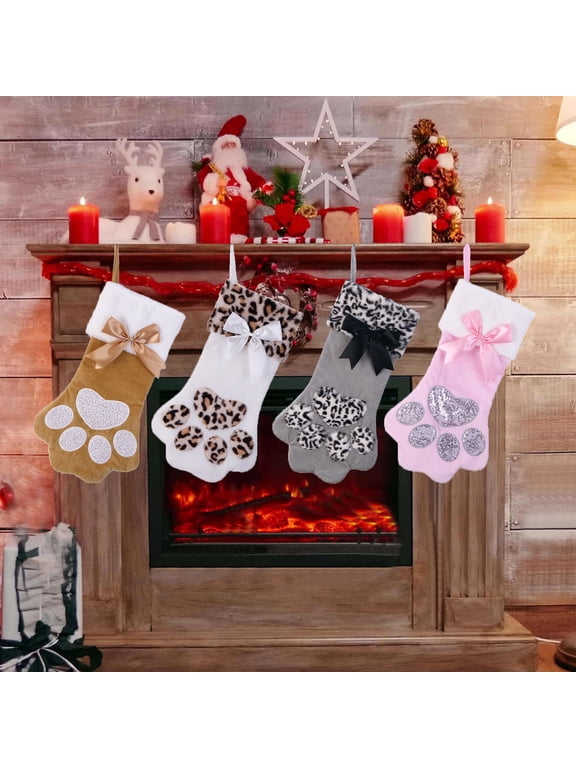 Dog Cat Paw Christmas Stockings, Plush Hanging Socks for Holiday and Christmas Decorations