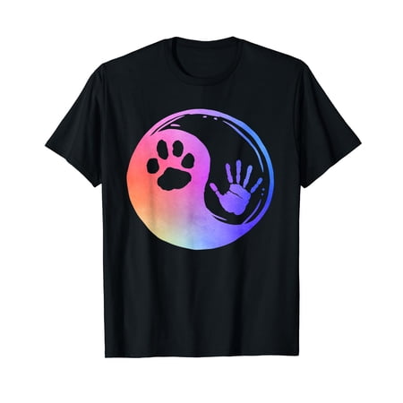 Dog Cat Paw Print Hand Yin Yang Rainbow Pawprint Hand Print T-Shirt
