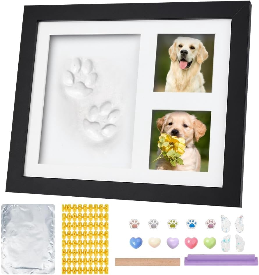 Dog or Cat Paw Print Keepsake Kit Black 11x9x0.7 Inch Clay Pattern Wooden Photo Frame Paw Print Kit Keepsake Large Clay Area with Customization Tool for Pet Lovers DIY Accessories Black