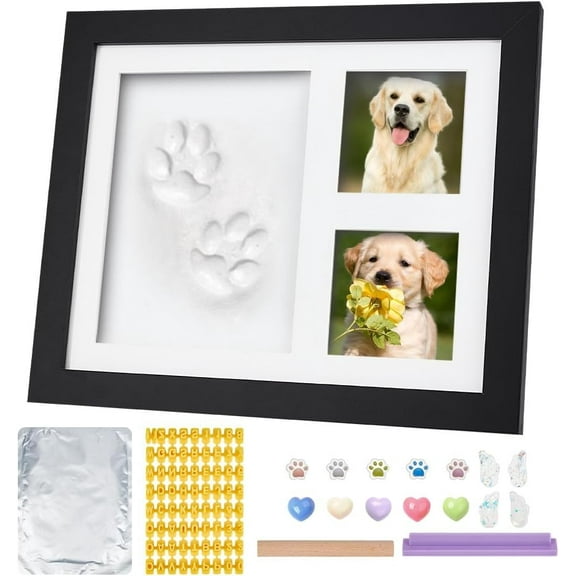 Dog or Cat Paw Print Keepsake Kit Black 11x9x0.7 Inch Clay Pattern Wooden Photo Frame Paw Print Kit Keepsake Large Clay Area with Customization Tool for Pet Lovers DIY Accessories Black